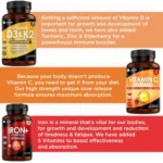 Immune Health Daily Bundle Vitamin D3 K2,Iron Complex, Vitamin C Supplement Tablets - Image 2